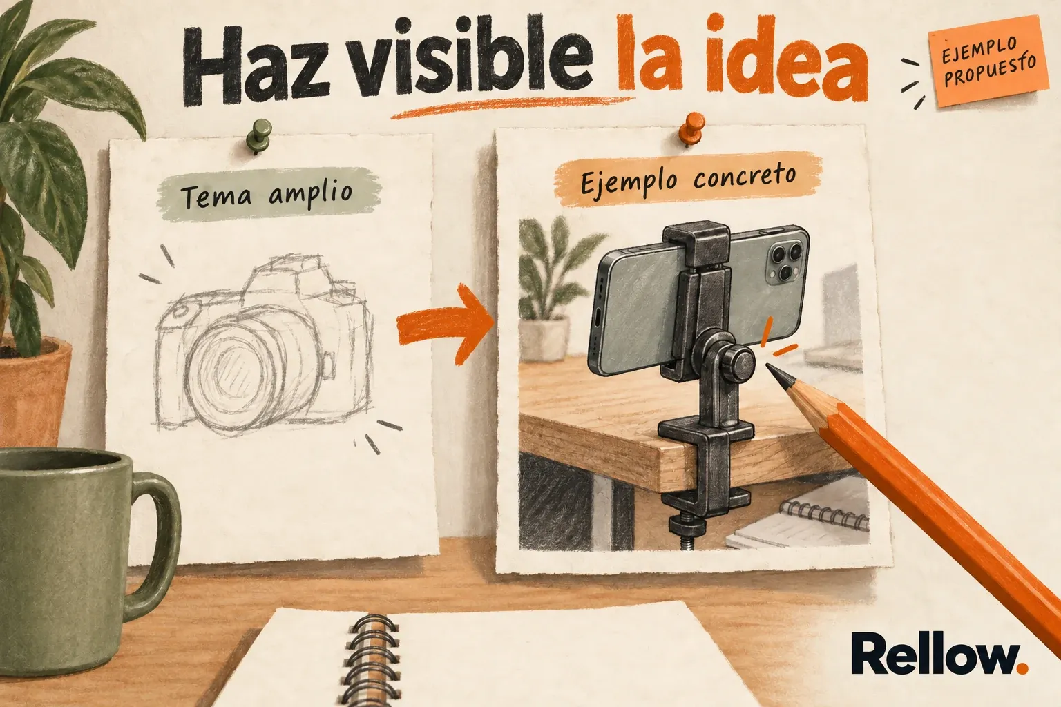Comparación entre una idea amplia sobre una cámara y un ejemplo concreto de un soporte que sujeta el móvil al borde de una mesa.