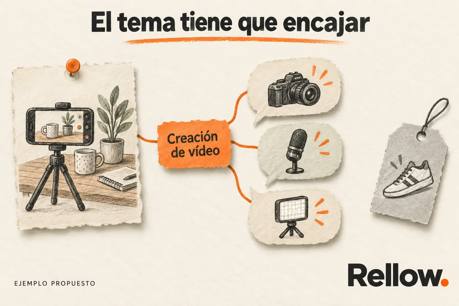 Una publicación sobre grabar una mesa con el móvil se conecta con conversaciones sobre vídeo, mientras una etiqueta de calzado queda fuera.