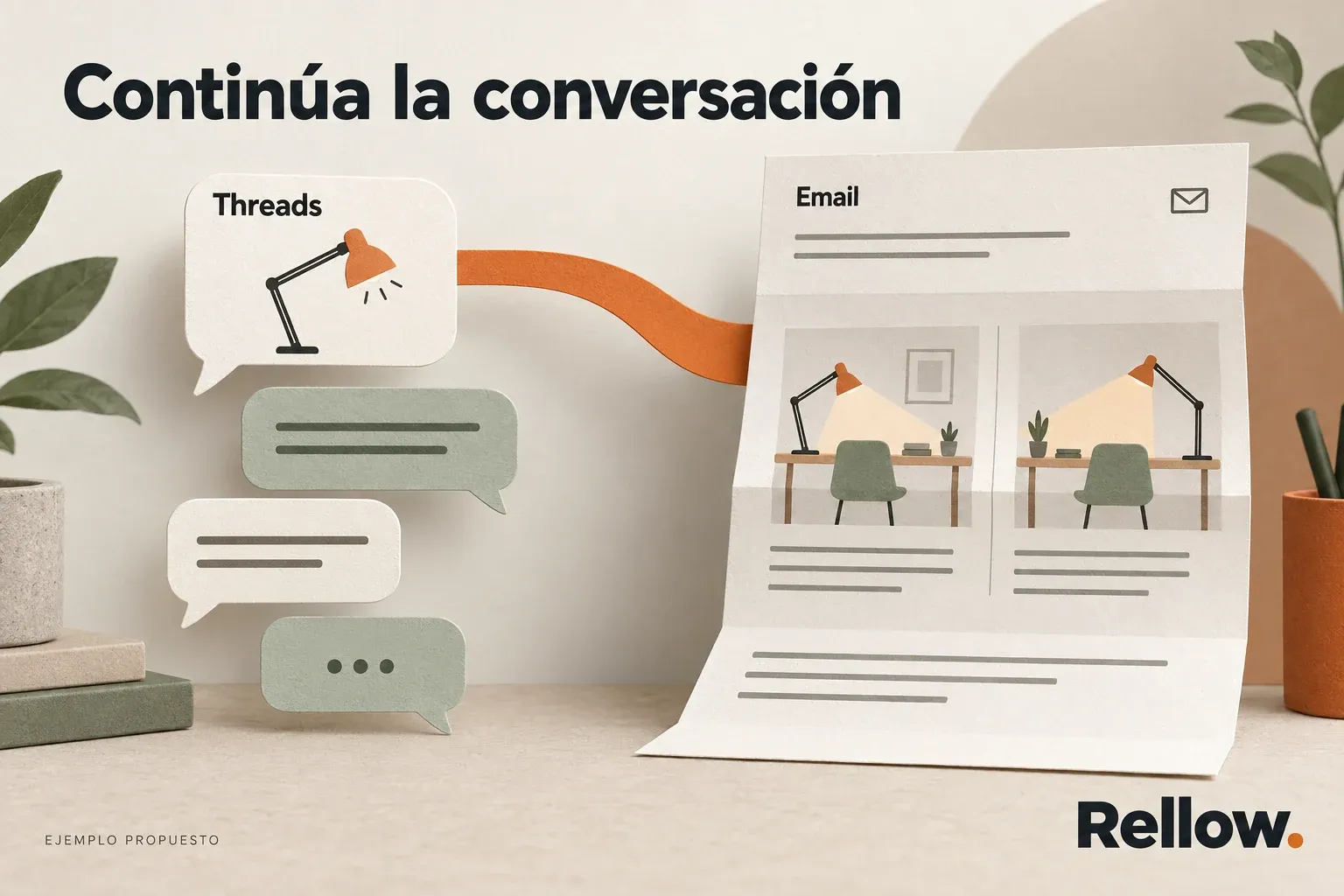 Una conversación de Threads sobre una lámpara continúa en un email que compara dos colocaciones en el escritorio.
