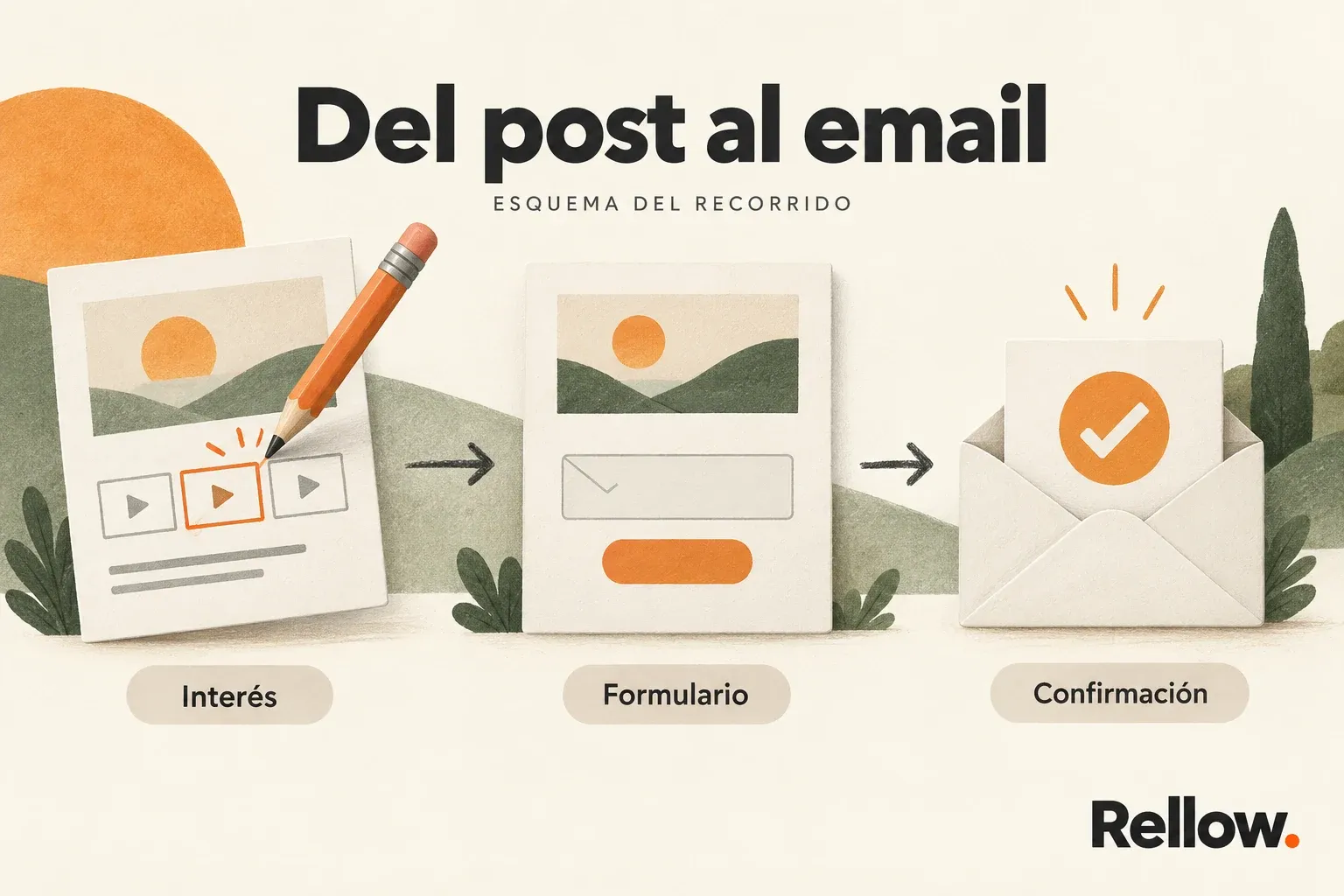 Un post útil despierta interés, conduce a un formulario y termina en la confirmación del email.
