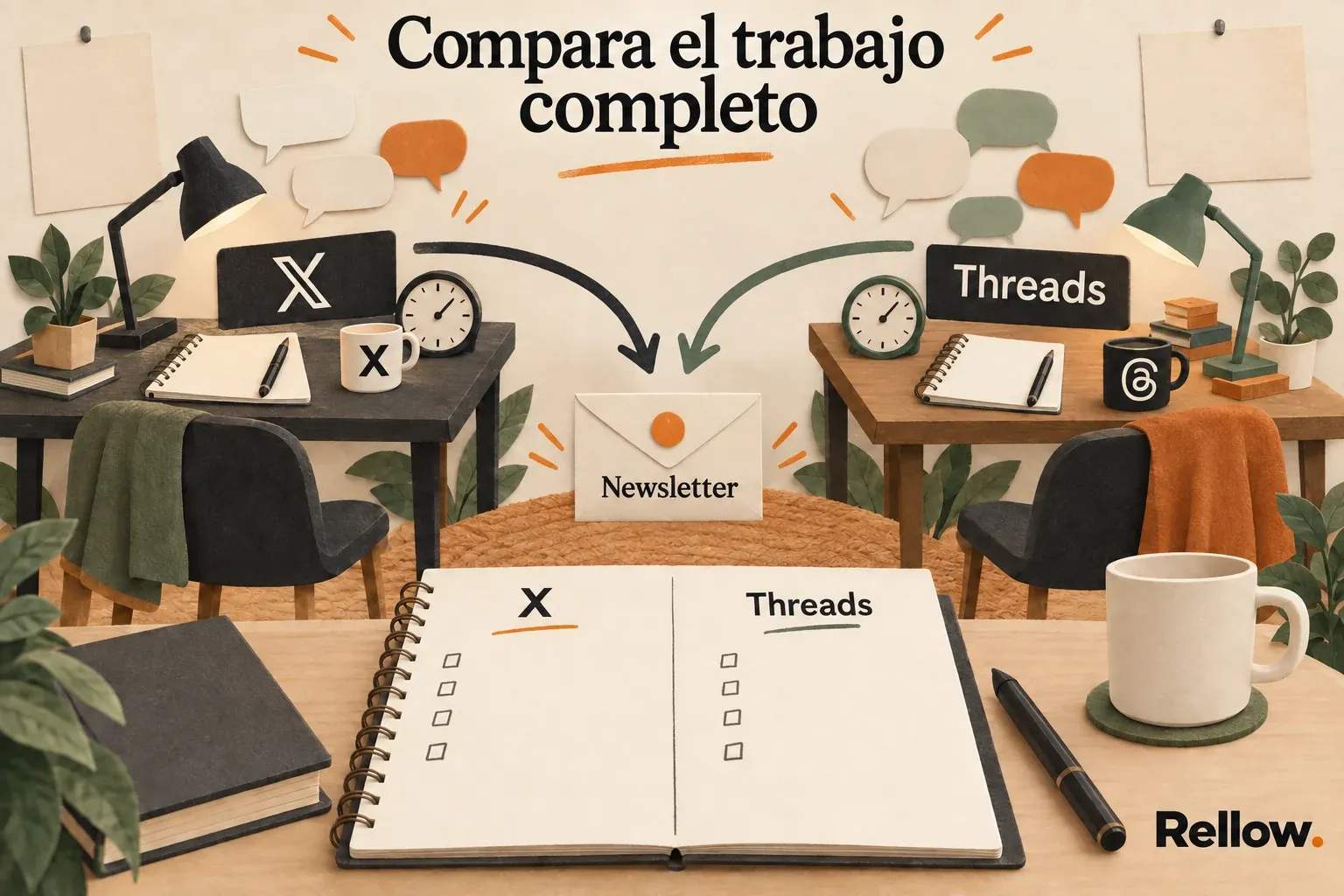 Dos mesas de trabajo, una para X y otra para Threads, con relojes y conversaciones que dirigen al mismo destino de newsletter.
